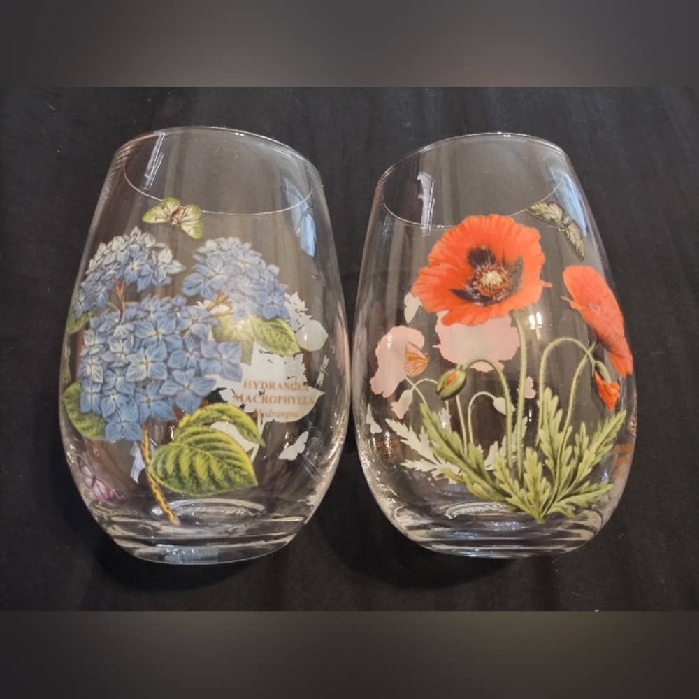 Portmeirion Botanic Garden Set of 2 Stemless Wine Glasses 19 oz Hydrange Poppy